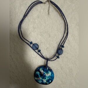 Blue Beaded Necklace with Shell Pendant